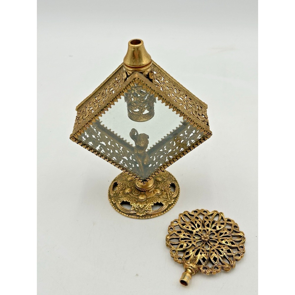 Vintage Brass Filigree Floral Ormolu Perfume Bottle Antique Glass Ornate Vanity - Picture 8 of 10
